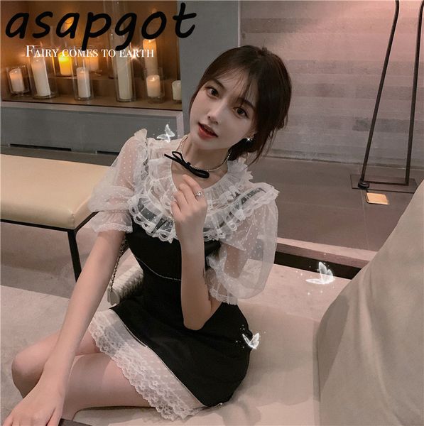 Mini Black Strip Drinestone Dress Mulheres Estilo Primavera Estilo Sexy Retro Slim Temperament Lace Blouse Tops Coreano 210429