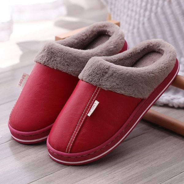 

women's slippers indoor warm non-slip winter ladies leather antifouling couple home short plush flate shoes, Black