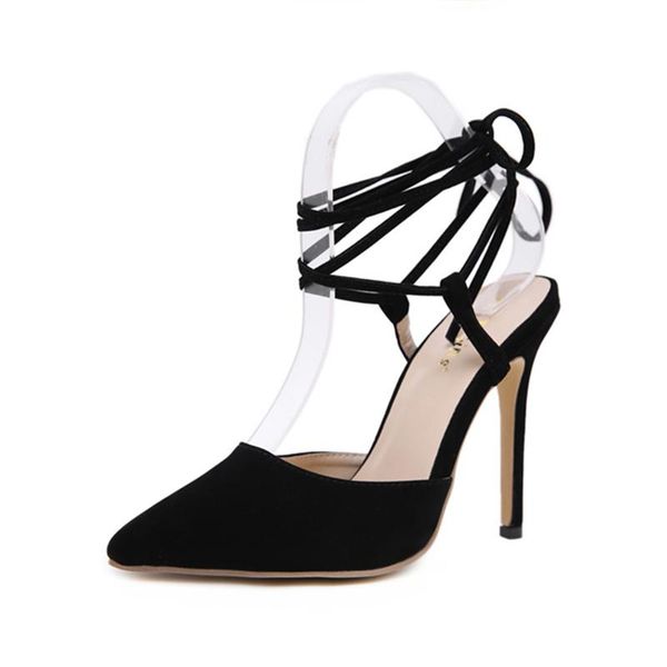 

summer fashion hollow suede women's high heels 12cm thin heeled cross strap high-heeled ladies' sandals plus size, Black