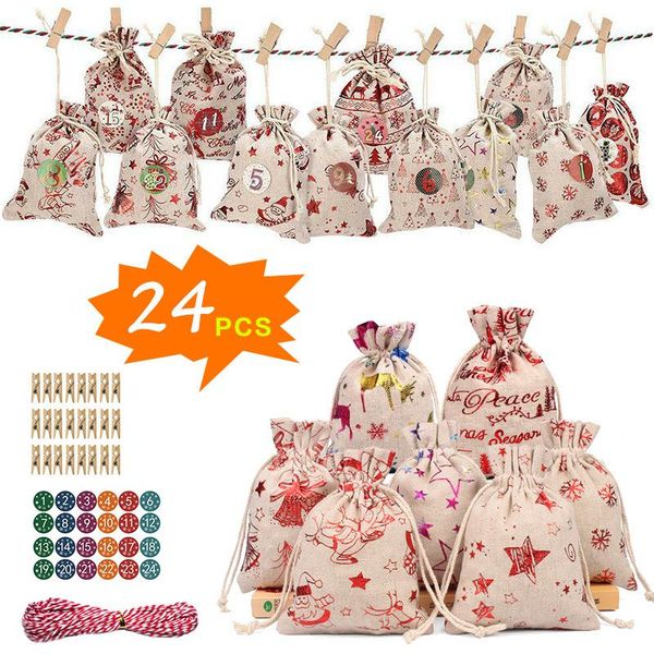 

christmas decorations 24 pcs gift bags digital elk bag countdown advent day drawstring candy burlap bundle pocket