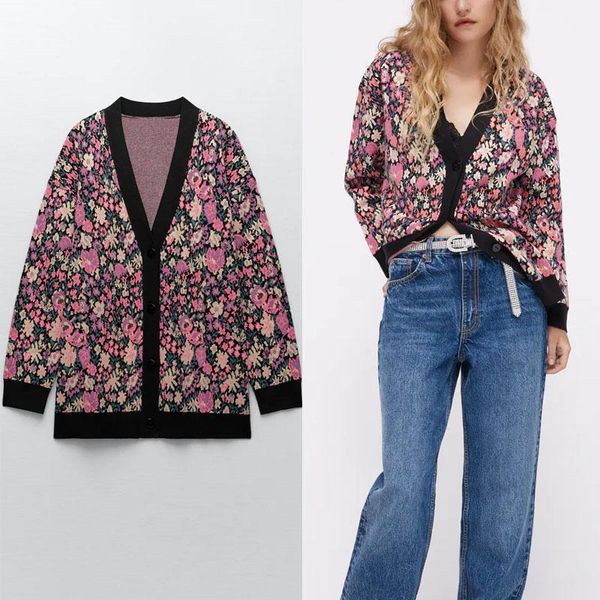 

women's knits & tees women vintage v neck floral print jacquard knitting cardigans sweater female chic single breasted casual coat, White