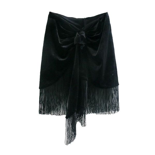 

hadara loose fold skirts women fashion tassel black velvet skirt elegant knot high waisted mini female ladies js