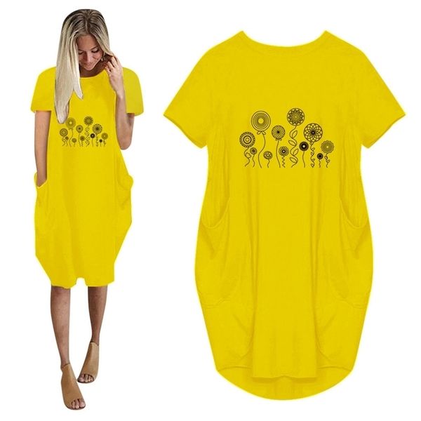 

dandelion print plus size 5xl dresses for women ladies oversized short sleeve mini with pocket casual loose summer 210520, Black;gray