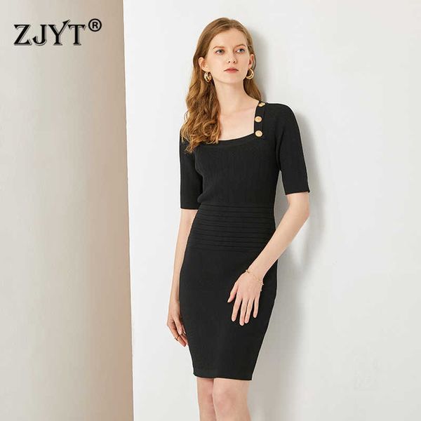 

runway elegant square collar short sleeve solid sheath bodycon knitting sweater dress for women summer office party vestidos 210601, Black;gray