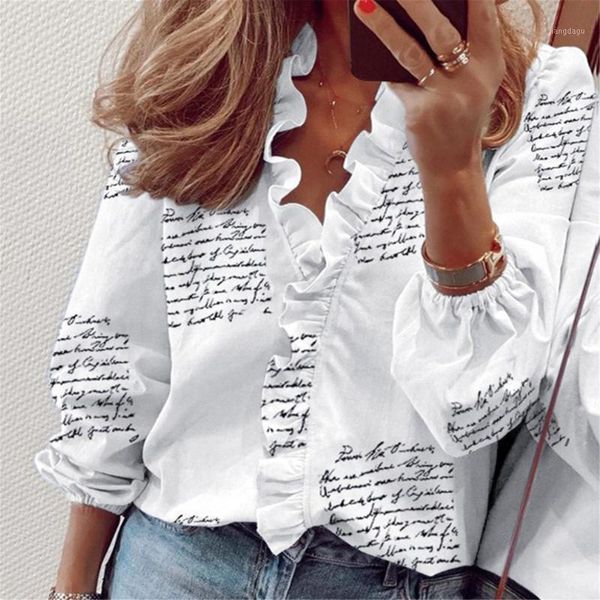 

women's blouses & shirts long sleeves slim shirt femme summer ruffle v-neck print casual dressy t-shirt women clothing chemise, White