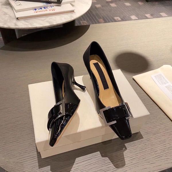 

dress shoes 21 autumn and winter sr metal square button kitten heel stiletto shallow mouth head fashionable leather women's, Black