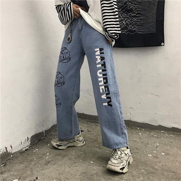 

women's jeans 2021 print cartoon streetwear y2k high waist straight pants fashion baggy casual boyfriend denim female, Blue