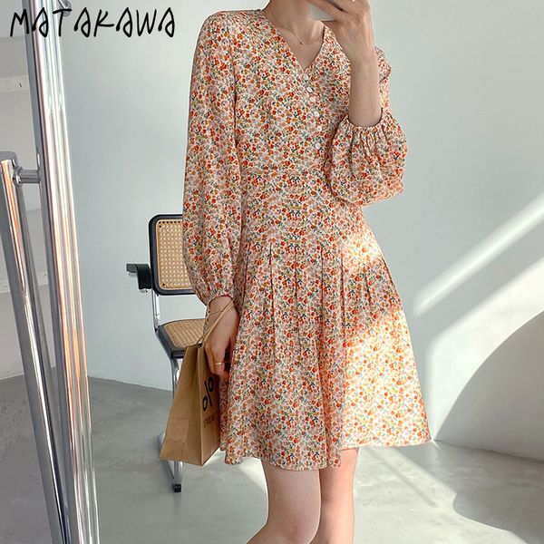 

matakawa sweet lantern sleeve women dress spring v-neck robe high waist print floral chiffon vestidos a-line short dresses 210513, Black;gray