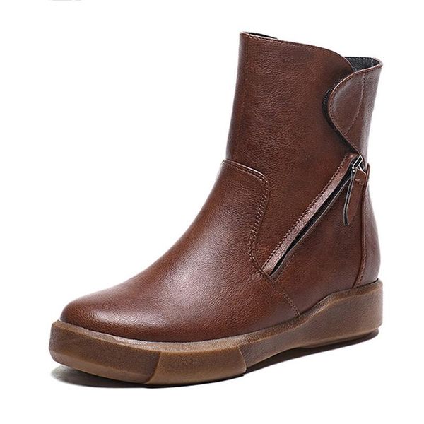 

boots design round toe women ankle snow 2021 vintage soft pu leather short plush botas winter warm flats shoes zapatos de mujer, Black