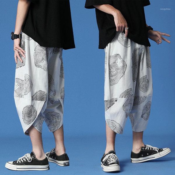 

blue bottom neutral trendy cool cotton and linen loose cropped pants casual harem summer jogger men men's, Black