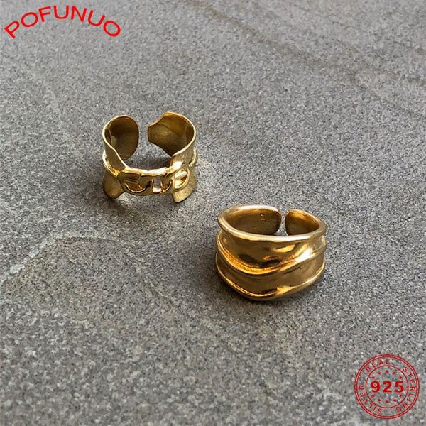 

cluster rings pofunuo 925 sterling silver chain for women fashionable elegant wide surface minimalist harajuku style jewelry, Golden;silver