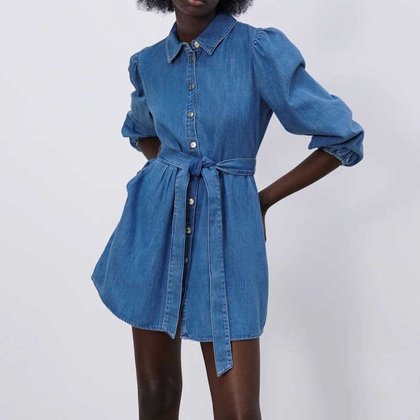 

za dress fashion simple single-breasted slim belt blue denim office women casual chic street youth women dress 210601, Black;gray