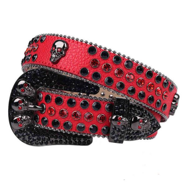 

luxury red skull belt western diamond studded rhinestone belt female cowboy leather strap ceinture femme jeans for women man aa220312, Black;brown