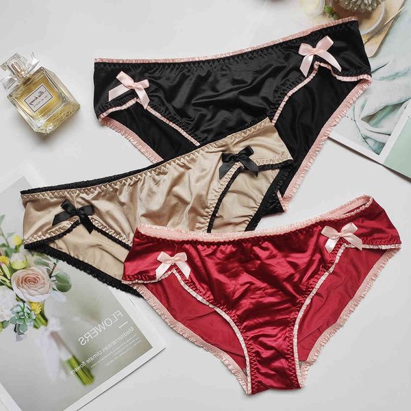 

sp&cit luxury bow women's underwear vintage solid satin crotch cotton seamless briefs panties thongs female lingerie, Black;pink