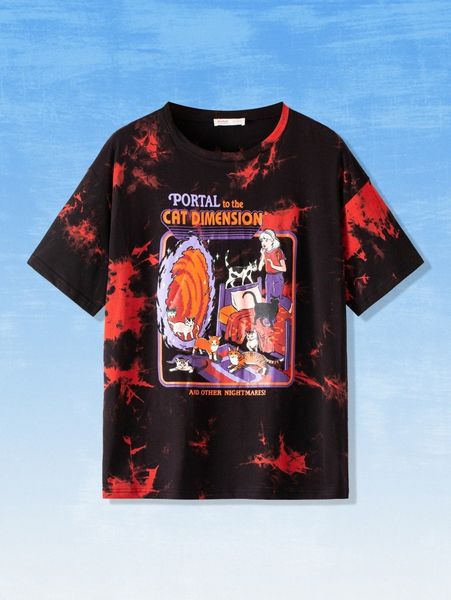 

romwe x stevenrhodes tie dye cartoon cat & figure print tee 084d#, White