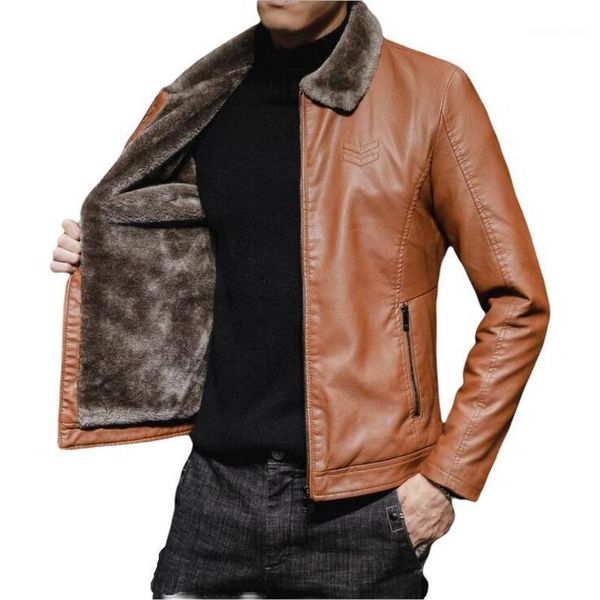 

men's fur & faux thick leather jacket mens winter autumn plus velvet padded lapel coat fashion collar windproof warm, Black