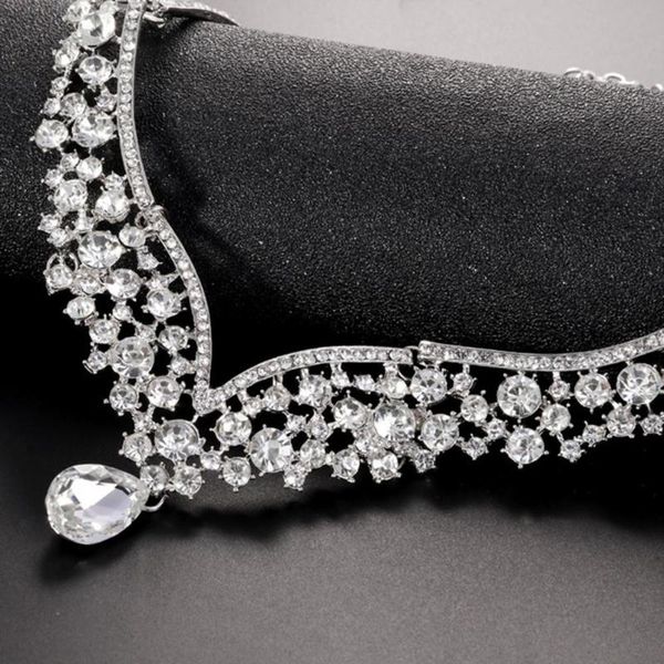 

earrings & necklace 1 set bridal rhinestone faux crystal jewelry hollow out adjustable choker for wedding, Silver