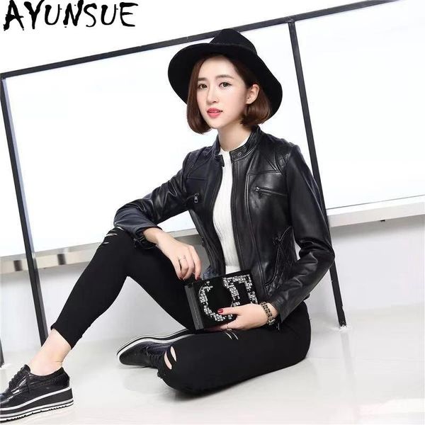 

women's leather & faux ayunsue 2021 genuine jacket women spring autumn 100% sheepskin coat short motorcycle slim fit korean 3905 kj3686, Black