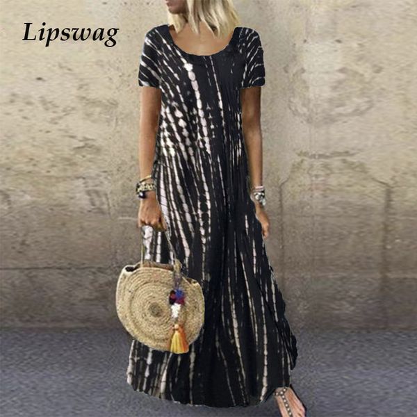 

female summer casual short sleeve loose dress elegant o-neck beach long dresses women vintage striped print party dress vestidohigh quality, Black;gray