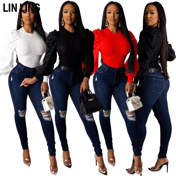 

women's t-shirt linling long sleeve bubble round neck tight fitting pullover pit stitching lantern top, White