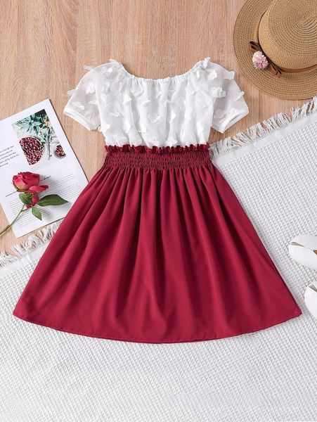 

toddler girls appliques raglan sleeve shirred waist frill dress she, Red;yellow