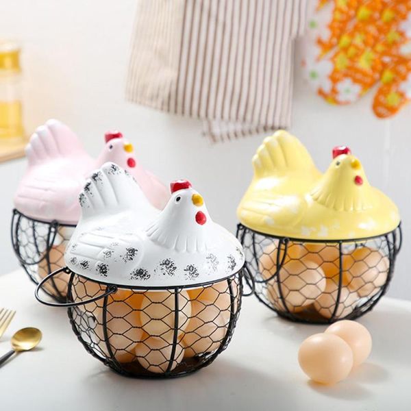 

storage baskets kitchen egg fruit basket ceramic hen ornament home iron organizador supplies chicken statue