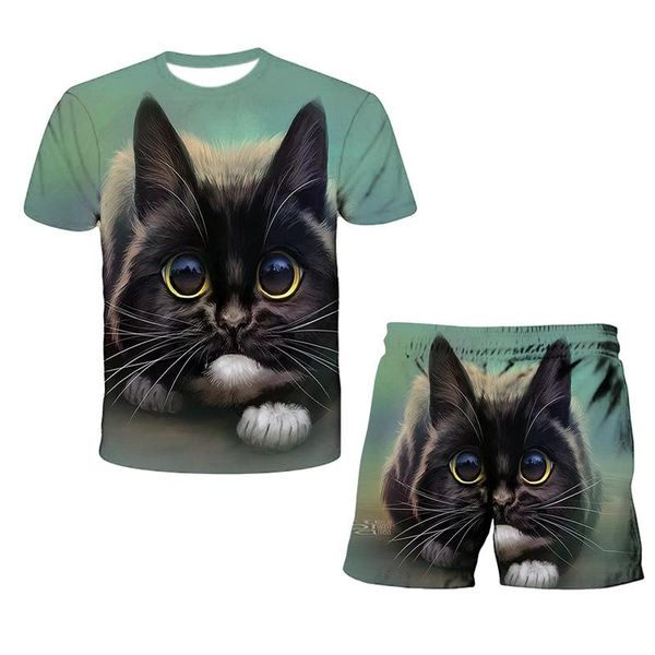 

anime 3d cat print suits toddler girls sets shorts 2pcs sports suit casual summer kids clothes baby boys clothing, White