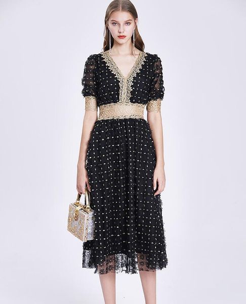 

a line black summer french elegant three embroidery women lantern sleeve v-neck lace dress female cocktail party dresses, Black;gray