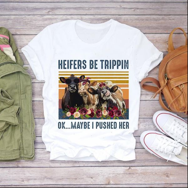 

cartoon heifer striped clothing womens trend fashion 90s graphic tee, White