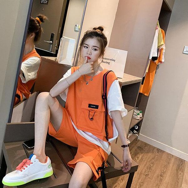 

women's t-shirt fake two-piece sports suit female summer student large loose wide leg shorts casual fashion, White