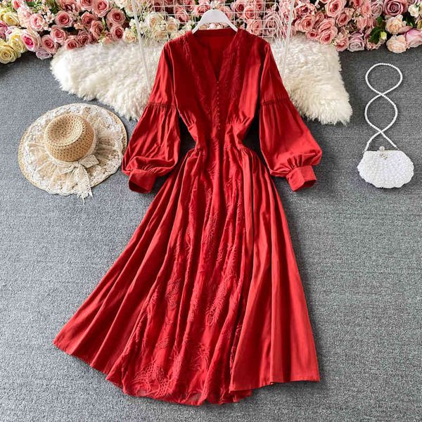 

dresses black/red/white embroidered dress women vintage v-neck lantern long sleeve elegant big swing vestidos female vacation beach, Black;gray