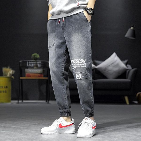 

men's fashion hip hop clothing harem pants loose 9 cropped jeans ripped, Blue