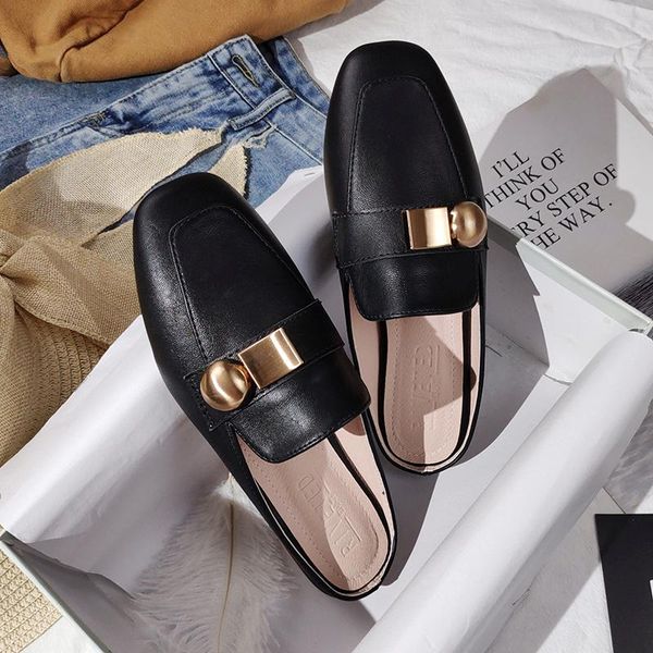 

women's slippers outdoor flat muller fashion sandals 2021 leather shoes, Black
