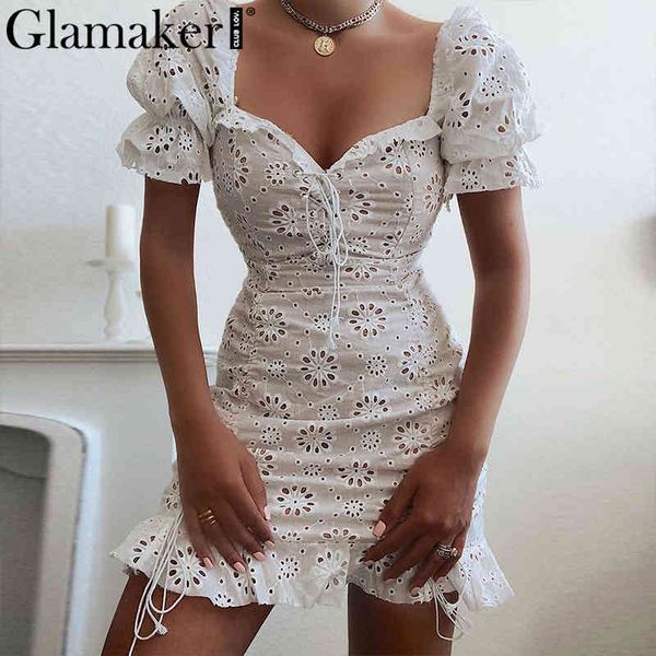 

glamaker cotton embroidery hollow out white bud dress women puff sleeve elegant lace up dress party summer floral dress 210414, Black;gray