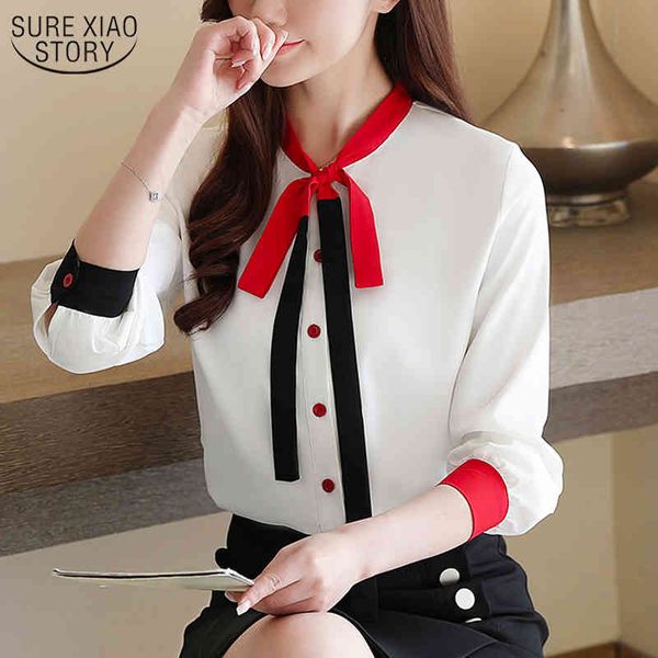 

chiffon blouse single-breasted overalls for women korean contrasting color bow collar slimming women's long sleeve 10677 210508, White