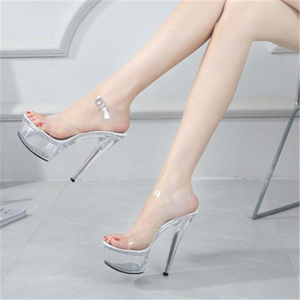 

sandals ankle strap shoes women high heels 15cm summer woman transparent crystal sandalsthin heel wedding big size 34-43, Black