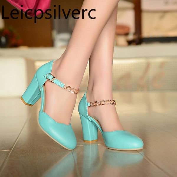 

dress shoes pumps spring and autumn the fashion round head buckle metal decoration thick heel high women's plus size 33-42, Black