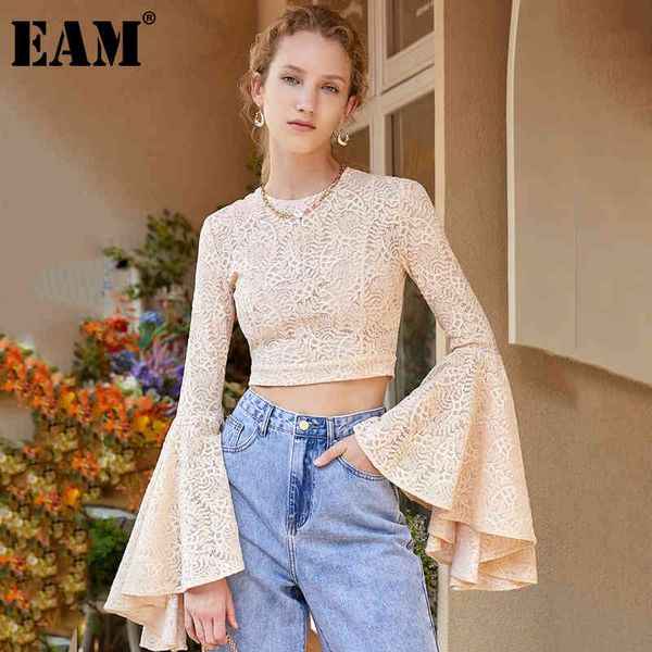 

[eam] women orange lace temperament short t-shirt round neck long flare sleeve fashion spring autumn 1dd8046 210512, White