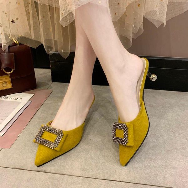 

slippers women shoes woman mules summer solid flock square buckle cover pointed toe thin high heels casual slides, Black