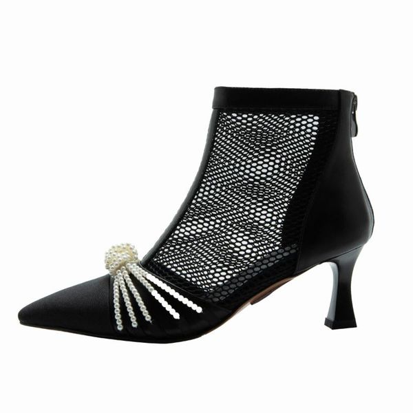 

boots women comfortable breathable mesh fabric beautifully beaded decoration 6cm stiletto heels summer autumn fashion shoes, Black