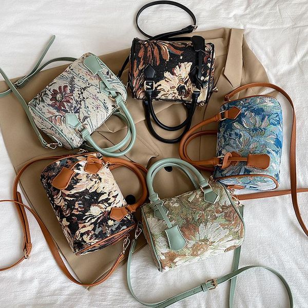 

evening bags vintage oil painting flower pattern boston bag for women design handbag luxury small pillow travel shoulder messenger