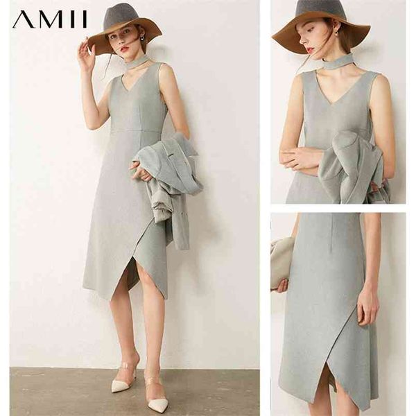 

minimalism autumn women's dress temperament vneck sleeveless irregular hem design solid female 12070495 210527, Black;gray