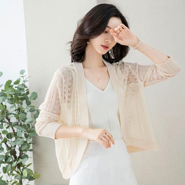 

summer hollow out cardigan women full sleeve v-neck solid sweater thin knitting femal women's knits & tees, White