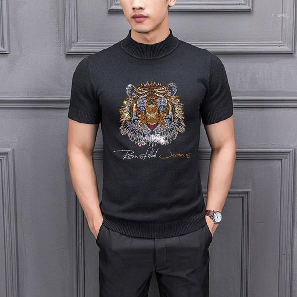 

men's sweaters luxury custom knitted t-shirt diamond craft sweater soft wool short-sleeved base all-match, White;black