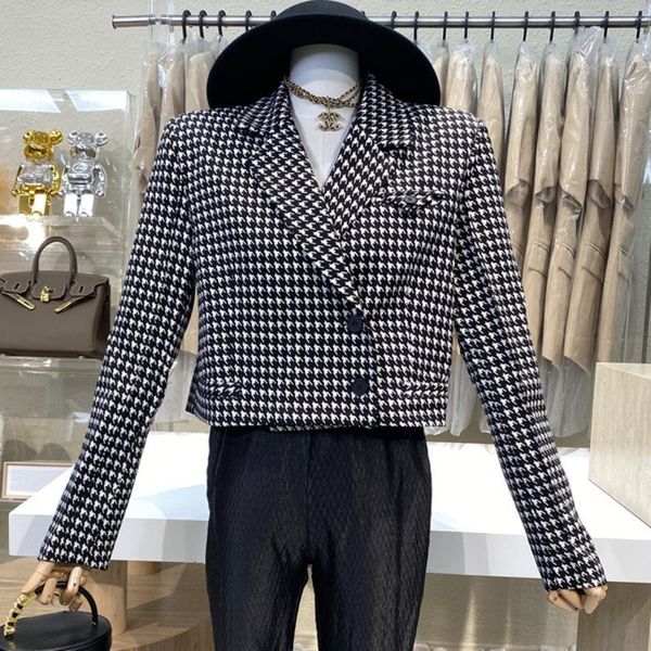 

jackets spring summer women's vintage houndstooth short jacket coat 2021 korean fashion casual long-sleeved copped outwear cq32, Black;brown