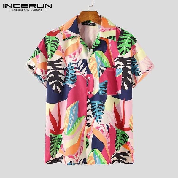 

men shirts summer printed short sleeve blouse man floral lapel hawaiian beach vocation casual buttons s-3xl incerun men's, White;black