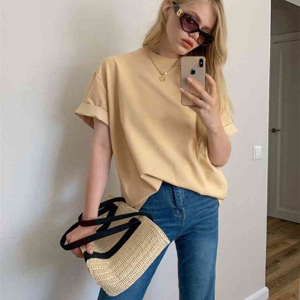 

wotwoy summer oversize short sleeve t-shirt women casual basic tee shirt o-neck cotton black white harajuku female 210708