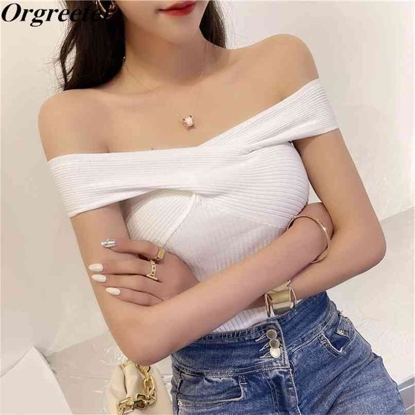 

cross twisted sleeevless backless knit pullover women summer fall fashion halter strapless thin sweater jumper 210602, White;black