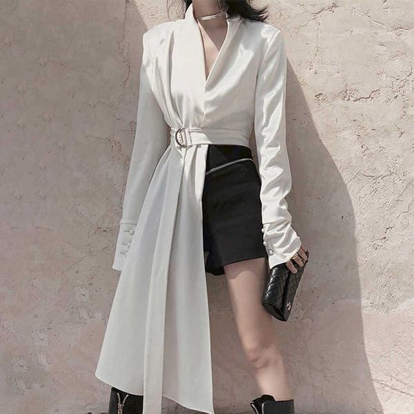 

women's jackets [ewq] white asymmetrical jacket women v neck long sleeve high waist with sashes coats female fashion clothes 2021 autum, Black;brown