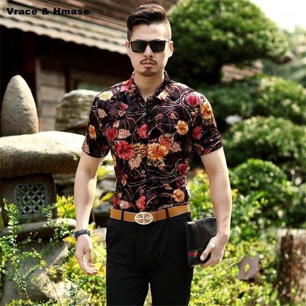 

chinese style exquisite flower pattern print fashion short sleeve shirt summer 2021 quality hollow breathable silk men men's casual shi, White;black